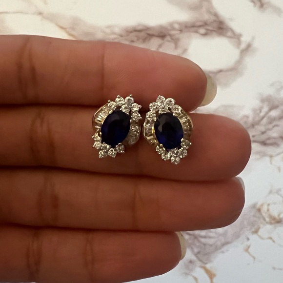 Sparkling Statement Halo Stud Oval Earrings Blue Sapphire & Cz Flower Rh… - Picture 3 of 7